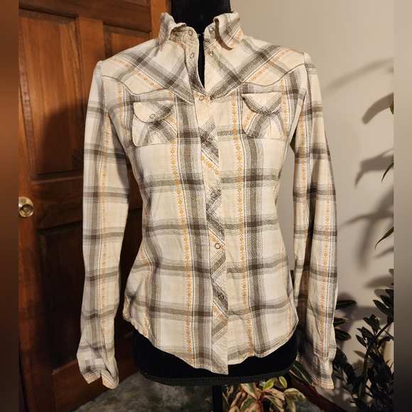 Arizona snap down shirt, cream, grey, Medium - Picture 1 of 6